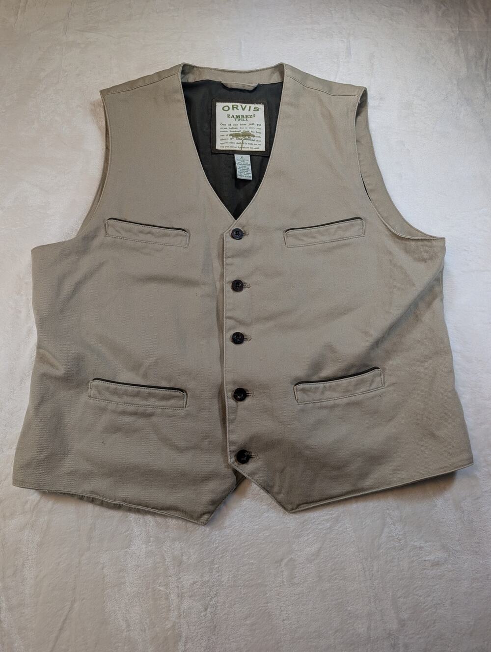 Orvis Zambezi Twill Vest Mens XL Khaki Safari Travel Hunting Cotton Utility